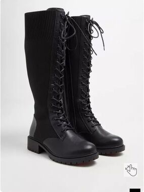 Stretch Knit Combat Knee Boot - Black Faux Leather (WW)